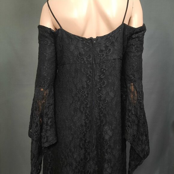 Gothic Witchy Medieval Maxi Dress M Long Bell Sleeves Black Lace Evening Wedding - Picture 9 of 12